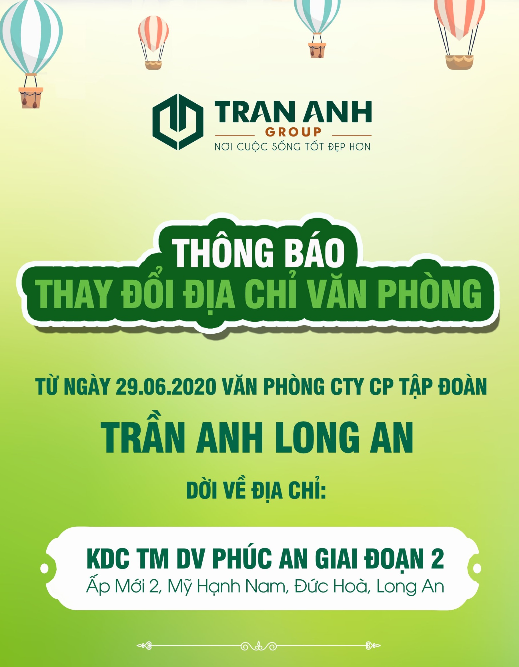 Thông báo dời địa chỉ công ty Trần Anh Long An
