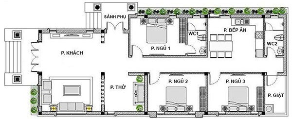 bản vẽ nhà cấp 4 chữ L 3 phòng ngủ 3