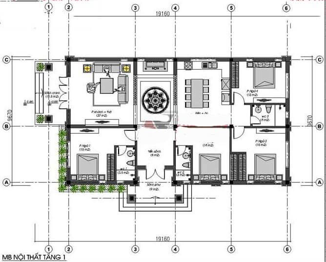 Mẫu nhà cấp 4 chữ L 4 phòng ngủ 1